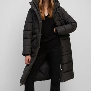 100% Down Puffer Longline Coat> black, high dual collar